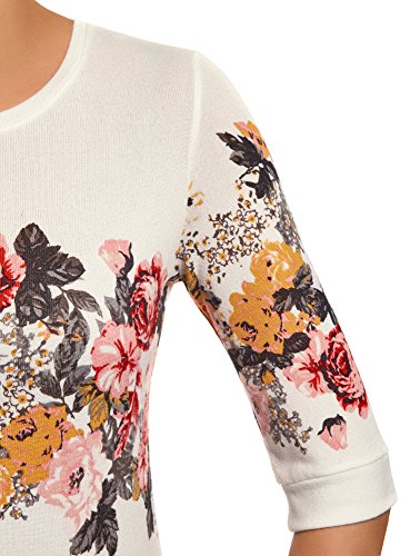 oodji Ultra Mujer Suéter Estampado con Escote Barco, Blanco, ES 36 / XS