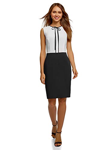 oodji Ultra Mujer Vestido Combinado con Lazos, Blanco, ES 34 / XXS