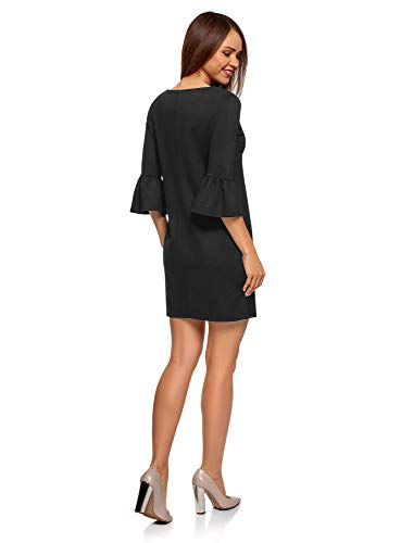 oodji Ultra Mujer Vestido de Cuello Barco con Mangas Acampanadas, Negro, ES 44 / XL
