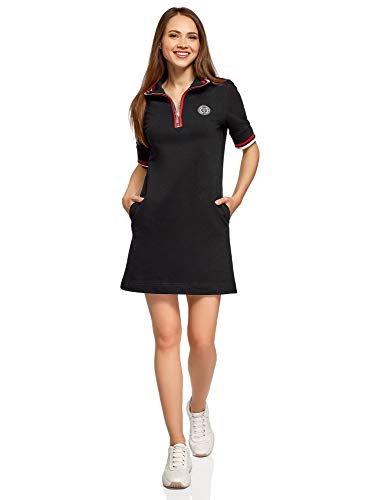 oodji Ultra Mujer Vestido de Estilo Deportivo con Cremallera en el Cuello, Negro, ES 34 / XXS