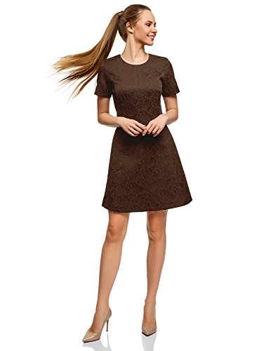 oodji Ultra Mujer Vestido de Jacquard de Manga Corta, Marrón, ES 34 / XXS