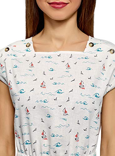 oodji Ultra Mujer Vestido de Lino con Mangas Cortas de una Sola Pieza, Blanco, ES 44 / XL
