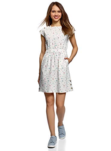 oodji Ultra Mujer Vestido de Lino con Mangas Cortas de una Sola Pieza, Blanco, ES 44 / XL