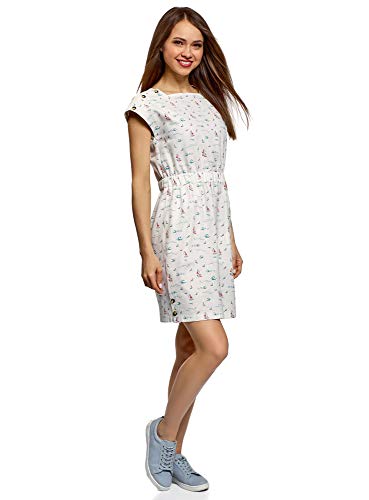 oodji Ultra Mujer Vestido de Lino con Mangas Cortas de una Sola Pieza, Blanco, ES 44 / XL