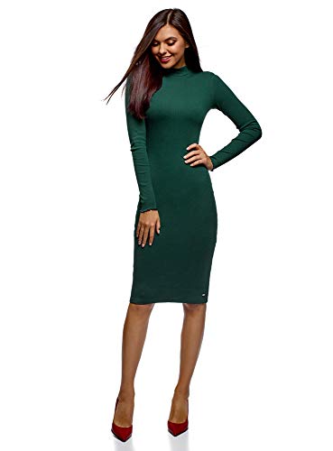 oodji Ultra Mujer Vestido de Punto con Cuello Mao, Verde, ES 34 / XXS