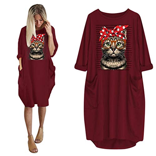 OPAKY Camiseta Mujer Verano Moda Oreja de Gato Impresión Manga Larga Tallas Grandes Camiseta con Capucha Blusa Camisa Basica Camiseta Suelto Estampado Tops Casual Fiesta T-Shirt Mini Vestido Corto
