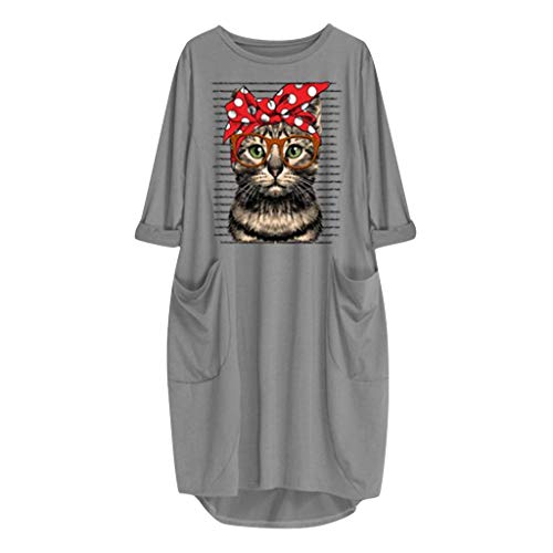 OPAKY Camiseta Mujer Verano Moda Oreja de Gato Impresión Manga Larga Tallas Grandes Camiseta con Capucha Blusa Camisa Basica Camiseta Suelto Estampado Tops Casual Fiesta T-Shirt Mini Vestido Corto