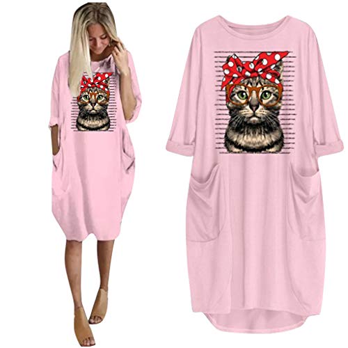 OPAKY Camiseta Mujer Verano Moda Oreja de Gato Impresión Manga Larga Tallas Grandes Camiseta con Capucha Blusa Camisa Basica Camiseta Suelto Estampado Tops Casual Fiesta T-Shirt Mini Vestido Corto