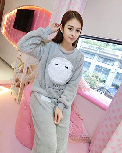 ORANDESIGNE Mujer Otoño Invierno Pijama de Dos Piezas Pijamas de Franela Suave Cálida Ropa de Dormir Pijamas de Manga Larga Gris Búho ES 34