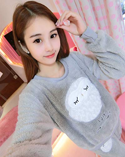 ORANDESIGNE Mujer Otoño Invierno Pijama de Dos Piezas Pijamas de Franela Suave Cálida Ropa de Dormir Pijamas de Manga Larga Gris Búho ES 34