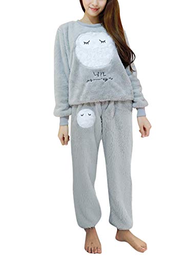 ORANDESIGNE Mujer Otoño Invierno Pijama de Dos Piezas Pijamas de Franela Suave Cálida Ropa de Dormir Pijamas de Manga Larga Gris Búho ES 34