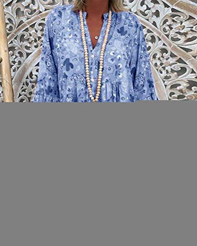 ORANDESIGNE Mujer Vestido Bohemio Corto Florales Nacional Verano Vestido Casual Manga Larga Chic de Noche Playa Vacaciones A Azul Claro 50