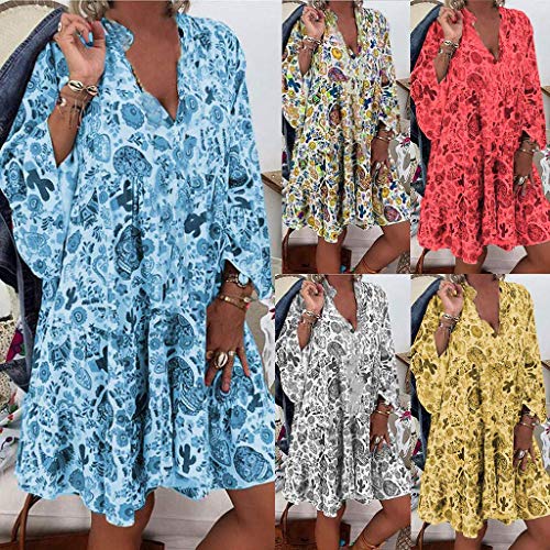 ORANDESIGNE Mujer Vestido Bohemio Corto Florales Nacional Verano Vestido Casual Manga Larga Chic de Noche Playa Vacaciones A Azul Claro 50