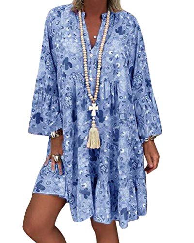 ORANDESIGNE Mujer Vestido Bohemio Corto Florales Nacional Verano Vestido Casual Manga Larga Chic de Noche Playa Vacaciones A Azul Claro 50