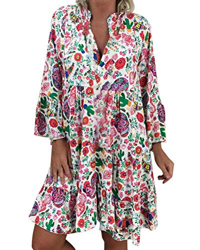 ORANDESIGNE Mujer Vestido Bohemio Corto Florales Nacional Verano Vestido Casual Manga Larga Chic de Noche Playa Vacaciones A Multicolor 42