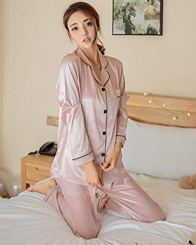 ORANDESIGNE Pijama de Seda de Dos Piezas para Las Mujeres Primavera Otoño Suave Cómodo Conjunto de Pijamas de Satén Homewear Sleepwear Tops + Pantalones Largos A Rosa ES 44