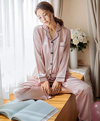 ORANDESIGNE Pijama de Seda de Dos Piezas para Las Mujeres Primavera Otoño Suave Cómodo Conjunto de Pijamas de Satén Homewear Sleepwear Tops + Pantalones Largos A Rosa ES 44