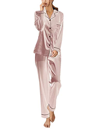 ORANDESIGNE Pijama de Seda de Dos Piezas para Las Mujeres Primavera Otoño Suave Cómodo Conjunto de Pijamas de Satén Homewear Sleepwear Tops + Pantalones Largos A Rosa ES 44