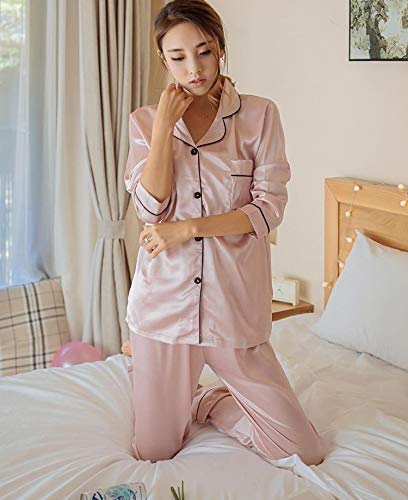 ORANDESIGNE Pijama de Seda de Dos Piezas para Las Mujeres Primavera Otoño Suave Cómodo Conjunto de Pijamas de Satén Homewear Sleepwear Tops + Pantalones Largos A Verde ES 44