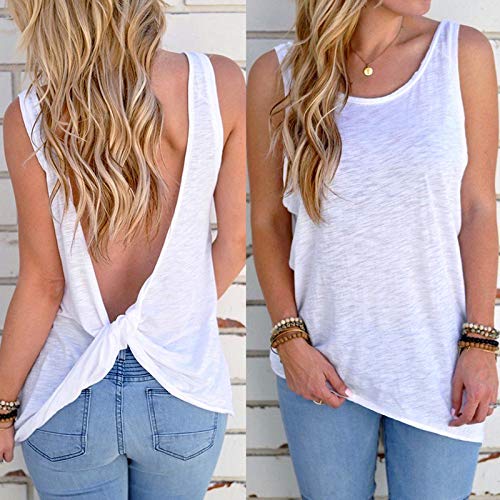 OrientalPort Camiseta de tirantes para mujer, sexy, espalda descubierta, camiseta de verano, casual, gimnasio, yoga, con nudo giratorio Blanco L - XL