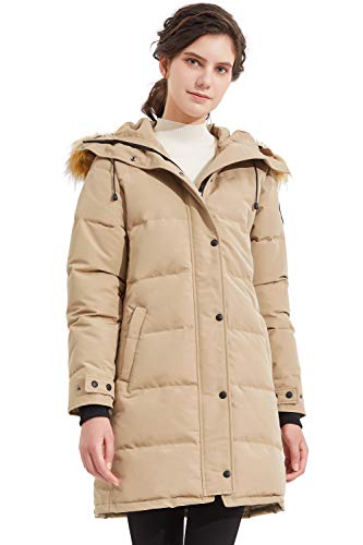 Orolay Abrigo de Plumón con Aislamiento para Mujer Chaqueta Acolchada de Invierno con Capucha de Piel Falsa Caqui X-Small