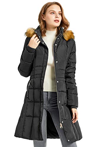Orolay Chaqueta de Invierno Puffer de Plumas para Mujer con Capucha de Recorte de Piel Sintética Negro S