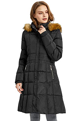 Orolay Chaqueta de Invierno Puffer de Plumas para Mujer con Capucha de Recorte de Piel Sintética Negro S