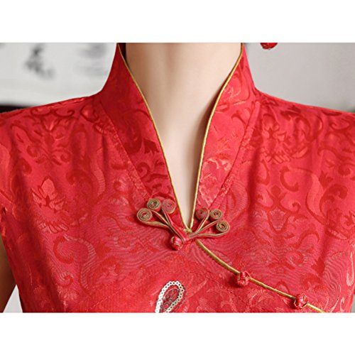 OULII Mujeres Cheongsam Chino Manga Corta Qipao Slim Rojo Vestido de Noche de la Boda Tamaño XXL