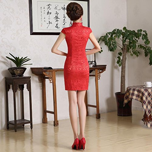 OULII Mujeres Cheongsam Chino Manga Corta Qipao Slim Rojo Vestido de Noche de la Boda Tamaño XXL