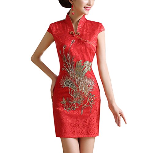 OULII Mujeres Cheongsam Chino Manga Corta Qipao Slim Rojo Vestido de Noche de la Boda Tamaño XXL
