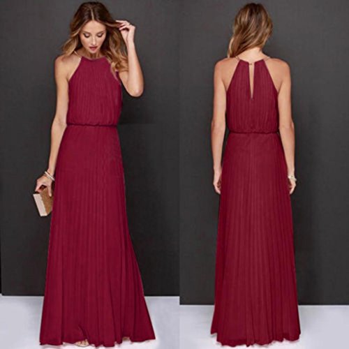 Overdose Cabestro Sin Mangas para Mujer Sin Mangas Formal Gasa Floja Ocasional Baile De Fin De Curso del Partido De La Noche Largo Vestido Maxi (S, Vino)