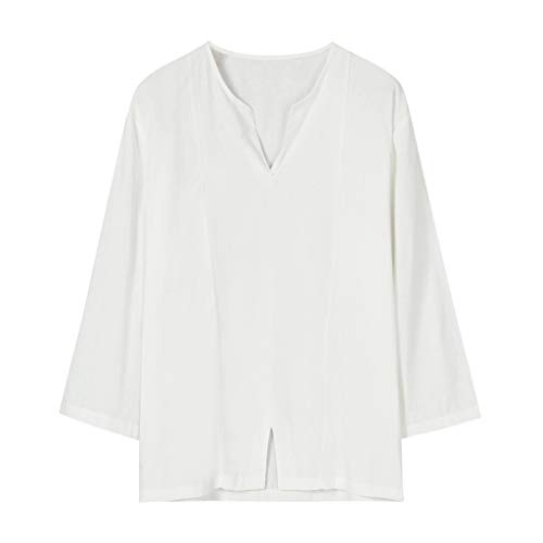 Overdose Camisas para Hombre，Manga 3/4 Camisetas con Cuello En V Blusas De Moda Tops Camisas Hombre Lino Manga Larga Informal T Shirt Hombre Blanca Entalladas Tallas Grandes Vintage