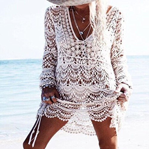 OverDose mujer Atractivas Transparente V Collar Bikini Hollow Bikini Cover Up Swimwear Beach Dress Beach Camisa De ProteccióN Solar (tamaño Libre, White)