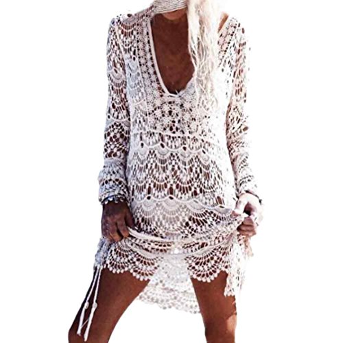 OverDose mujer Atractivas Transparente V Collar Bikini Hollow Bikini Cover Up Swimwear Beach Dress Beach Camisa De ProteccióN Solar (tamaño Libre, White)