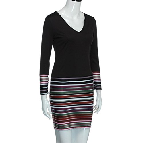 OverDose mujer De Manga Larga con Cuello En V A Rayas Apretados Maxi Boho Evening Party Club Dress (S, Negro)