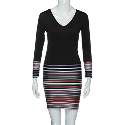 OverDose mujer De Manga Larga con Cuello En V A Rayas Apretados Maxi Boho Evening Party Club Dress (S, Negro)