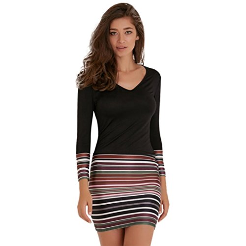 OverDose mujer De Manga Larga con Cuello En V A Rayas Apretados Maxi Boho Evening Party Club Dress (S, Negro)