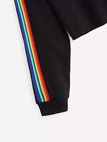 OverDose mujer Manga Larga del Arco Iris Patchwork O Cuello Moda Dama Negro Sudadera Corto Casual Blusa SuéTer