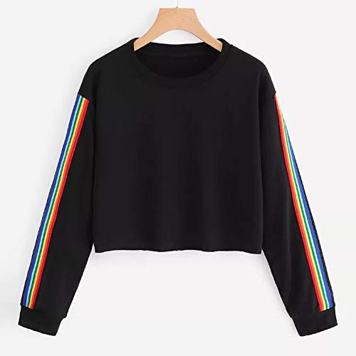 OverDose mujer Manga Larga del Arco Iris Patchwork O Cuello Moda Dama Negro Sudadera Corto Casual Blusa SuéTer