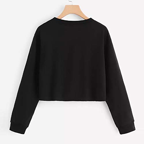 OverDose mujer Manga Larga del Arco Iris Patchwork O Cuello Moda Dama Negro Sudadera Corto Casual Blusa SuéTer