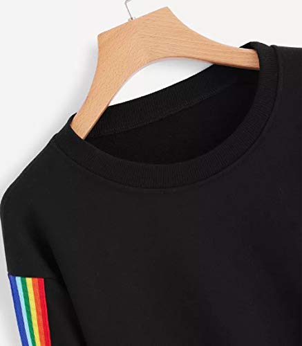 OverDose mujer Manga Larga del Arco Iris Patchwork O Cuello Moda Dama Negro Sudadera Corto Casual Blusa SuéTer