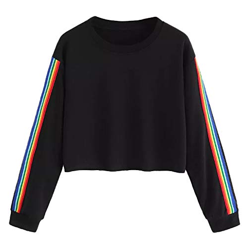 OverDose mujer Manga Larga del Arco Iris Patchwork O Cuello Moda Dama Negro Sudadera Corto Casual Blusa SuéTer