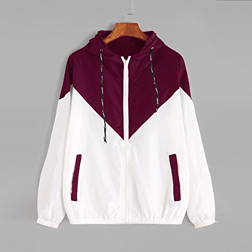 Overdose Nuevo Modelo De Moda Mujeres Manga Larga Patchwork Piel Fina Trajes con Capucha Cremallera Casual Sport Coat Sudadera con Capucha Superior (S, Q-Rojo)