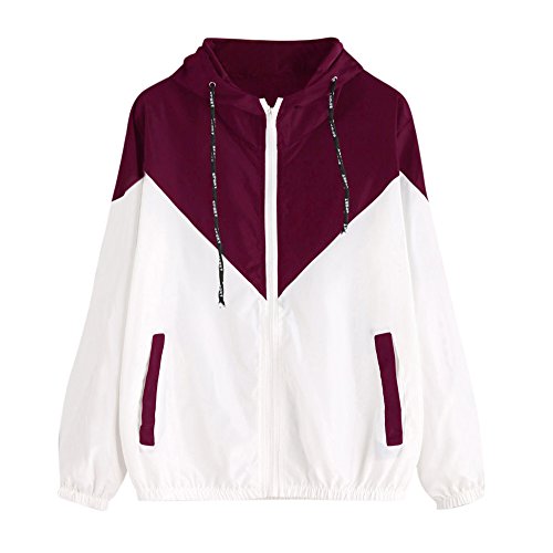 Overdose Nuevo Modelo De Moda Mujeres Manga Larga Patchwork Piel Fina Trajes con Capucha Cremallera Casual Sport Coat Sudadera con Capucha Superior (S, Q-Rojo)