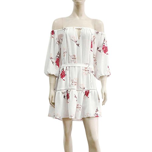 Overdose Verano De Las Mujeres Off Hombro Floral Sundress Bud Party Beach Slash Cuello Corto Mini Vestido (M, Blanco)