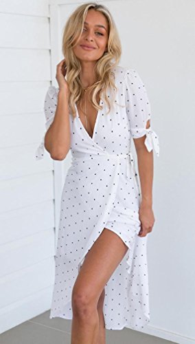 Overdose Verano Mujeres V Cuello De Manga Corta Boho Long Maxi Polka Dot Playa De Vacaciones Vestido De Noche (S, Blanco)