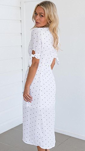 Overdose Verano Mujeres V Cuello De Manga Corta Boho Long Maxi Polka Dot Playa De Vacaciones Vestido De Noche (S, Blanco)