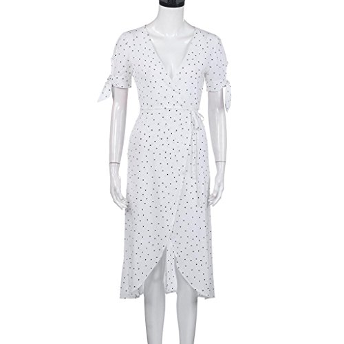 Overdose Verano Mujeres V Cuello De Manga Corta Boho Long Maxi Polka Dot Playa De Vacaciones Vestido De Noche (S, Blanco)