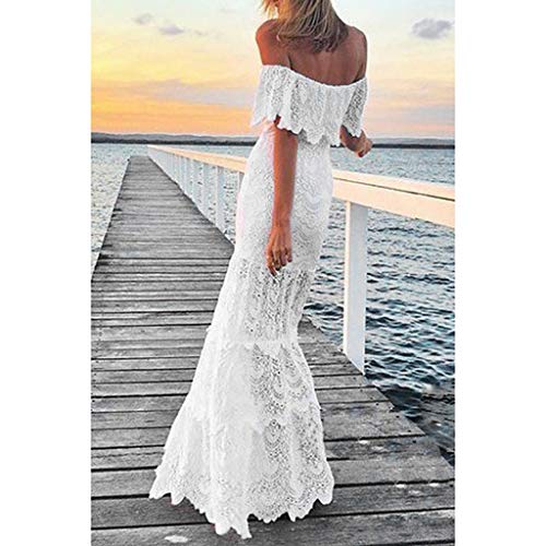 Overdose Vestido Blanco para Damas Cóctel Noche de Fiesta Hombro frío Manga de Volantes Boda Novia Vestido Elegante Puro Encaje Calado Tubo Top Maxi Vestido