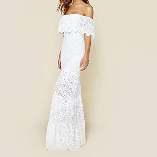 Overdose Vestido Blanco para Damas Cóctel Noche de Fiesta Hombro frío Manga de Volantes Boda Novia Vestido Elegante Puro Encaje Calado Tubo Top Maxi Vestido